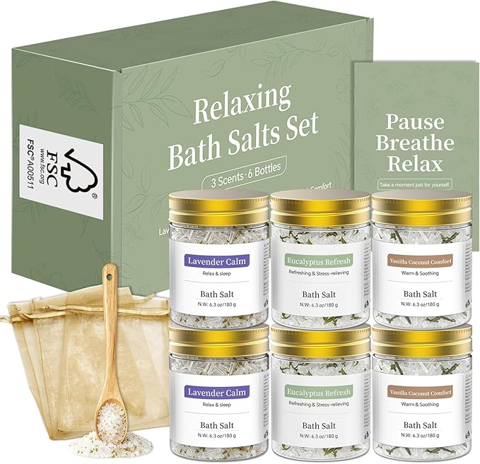Epsom Bath Salt Gift Set for Women, 6 PCS (3 Scents 2 Each): Lavender, Eucalyptus & Vanilla Coconut, Relaxing Self Care Spa Gifts for Mom, Her, Birthday, Stress Relief & Get Well Soon