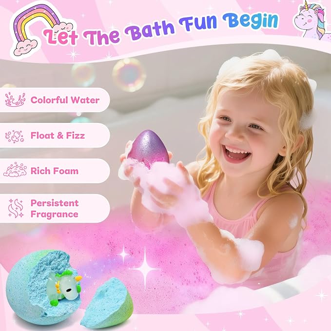 Unicorn Bath Bombs with Surprise Toys Inside, Gifts for Kids Girls | Natural Organic Gentle Bubble Bath, Birthday & Christmas Gift for Girls, Daughter, Granddaughter, Suitable for Kids Over 3+
