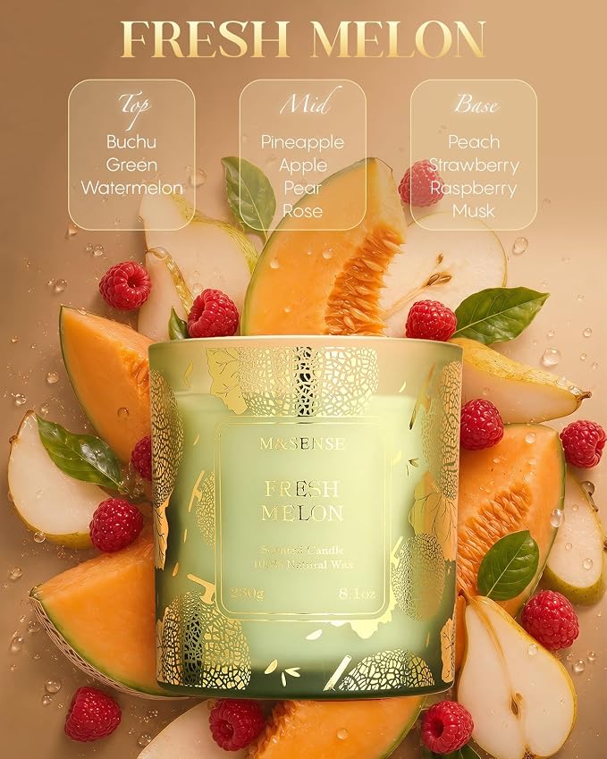 M&SENSE Fresh Melon Scented Vegan Soy Candles, 8.1oz Non Toxic Summer Aromatherapy Candle for Home Decor, 42-Hour Burn Time, Fresh Smelling Good Scented Candle for Bathroom Decor