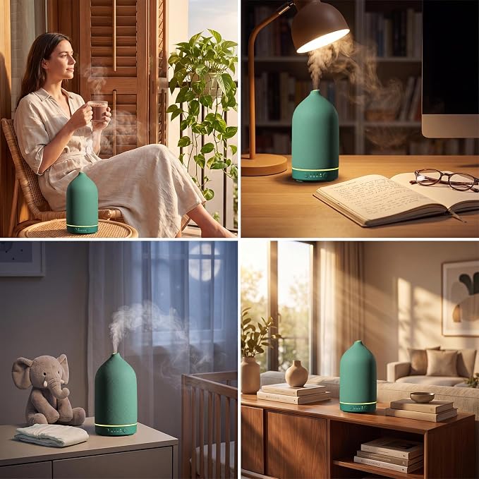 Gooamp 200ML Ceramic Essential Oil Diffuser - Ultrasonic Aromatherapy & Humidifier with 7-Color LED Lights, Auto Shut-Off, Green, 1H/3H/6H Timer | Scent for Home, Office, Yoga