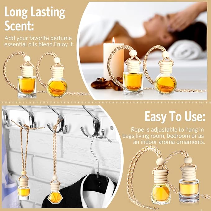 BOTO 100 Pcs Oil Air Freshener Diffuser with Wooden Cap Empty Essential Diffuser Aromatherapy Car Fresheners Clear Car Fragrance Holder Pendant Aesthetic Decor Hanging Perfume Bottle (Various Style)