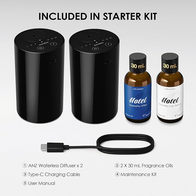 Waterless Essential Oil Diffuser Starter Kit with 2 x 30mL Hotel Scent Fragrance Oil, Battery Operated Scent Air Machine Cordless Portable Diffuser for Home Car, ANZ Black 2PCs Kit