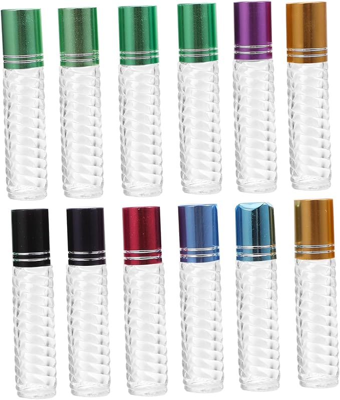 Lurrose 12pcs 5ml Glass Roller Bottles with Cap Essential Oil Bottle Kit Perfume Sub-packaging Portable Mini Roll-on for Travel and Aromatherapy Use Random Color