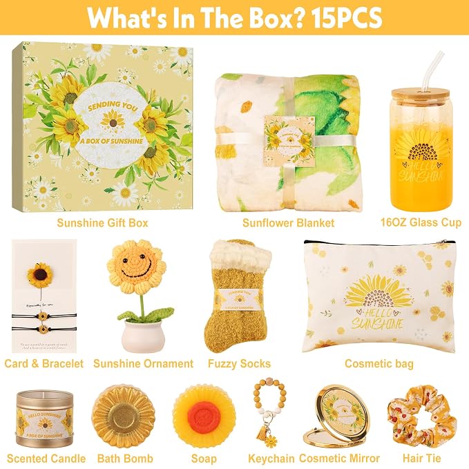 Sunflower Gifts for Women, Get Well Soon Gift Basket for Women,15pc Care Package Feel Better Gift, Surgery Wellness Kit, Thinking of You Sunshine Birthday Box for Her Mom Friend Coworkers Teacher Wife