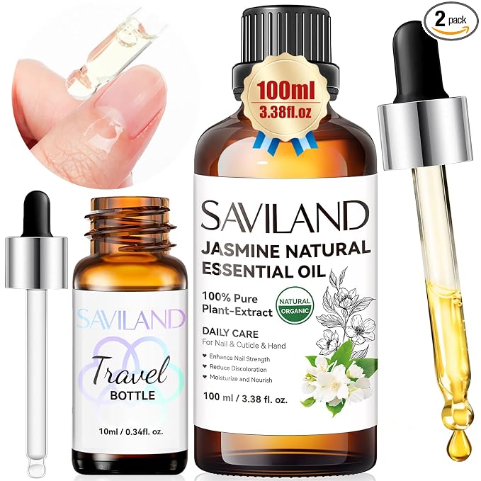 SAVILAND Jasmine Essential Oil for Cuticle Nails Hands: Ultra Repairing Cuticle Oil 100% Pure Plant-Based Nail Strengthener Hand Oils for Dry Hand Damaged Cuticle Weak Nail Care with Travel Bottle