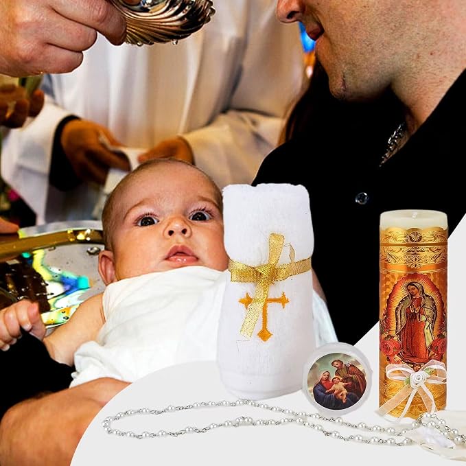 Catholic Baptism Candle Set for Boys and Girls - Includes Virgen de Guadalupe Candle, Towel, Rosary and Shell
