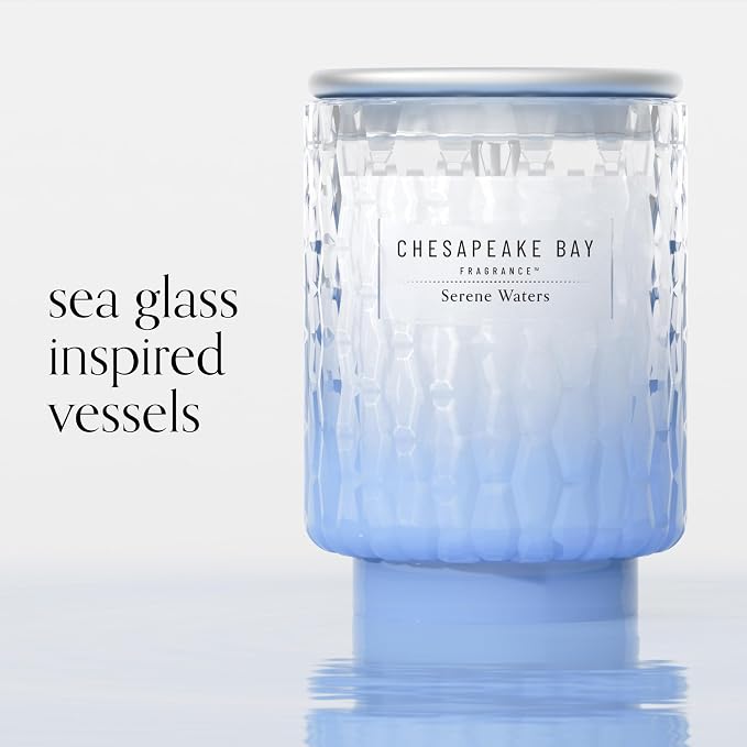 Chesapeake Bay, 8oz Serene Waters Scented Candle, Mood Evoking Fragrance, Textured Sea Glass-Inspired Jar, Premium Soy Blend Wax with Essential Oils, Coastal Fragrance for Home Décor or Gifting