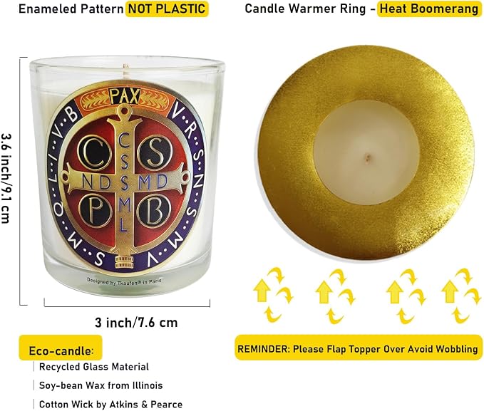 Saint Benedict Medal Candle 50 Hours│Hand-Poured Natural Soy Wax│Protection from Evil, Peace, Guidance, Holy Death, Spiritaul Discipline│Design in Paris│3“×3.6”