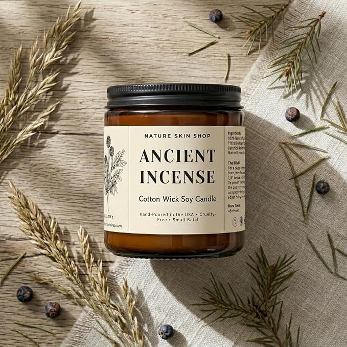 Nature Skin Shop Ancient Incense Artisan Soy Candle Frankincense and Myrrh Aromatherapy Home Fragrance Vegan Cotton Wick 8 oz