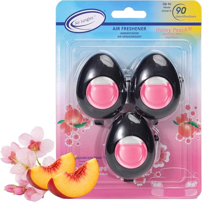 Air Jungles Car Air Freshener Vent Clip 3 Count, Honey Peach Scent, 4 ml Each, Long-Lasting Car Odor Eliminator, Easy Clip-On Design, Up to 90 Days Freshness for Cars, Trucks, and SUVs