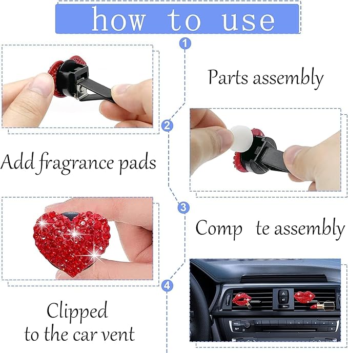 5 Pcs Bling Red Lips Air Vent Clips, Heart Shape Crystal Car Air Vent Clip Charms Car Air Fresheners for Women Rhinestone Diffuser Vent Clip Cute Car Decor Bling Cars Accessories,Interior Accessories
