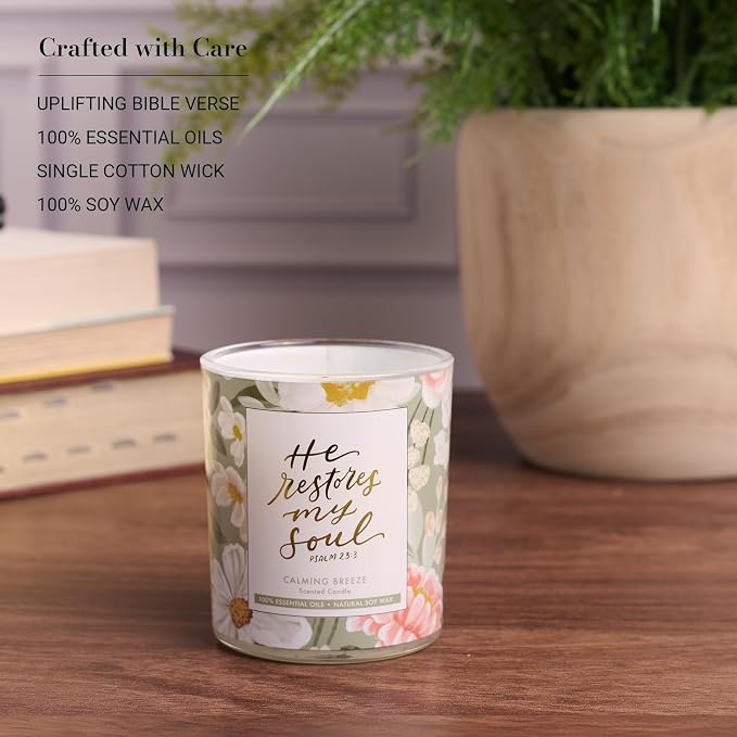 Christian Art Gifts Soy Wax Scented Candle: He Restores My Soul Bible Verse, Calming Breeze Scent, Pure Essential Oils, 4.5 oz, Up to 20 Hours Burn Time, Glass Jar w/Bamboo Lid, Encouragement Gift