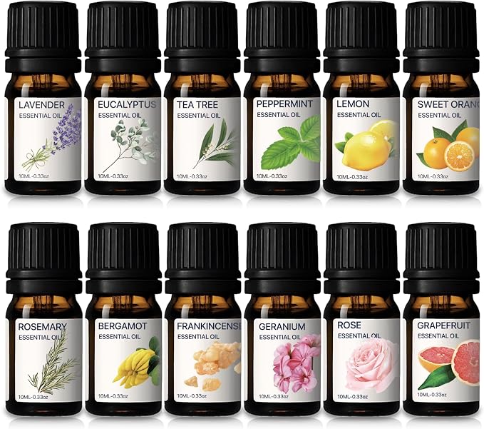 Essential Oils Set 100% Pure Oils Top 12 Oils Gift Kit for Diffuser Home Lavender,Peppermint,Eucalyptus,Lemongrass,Orange,Rosemary,Grapefruit,Frankincense,Geranium,Rose,Bergamot 12x10ml