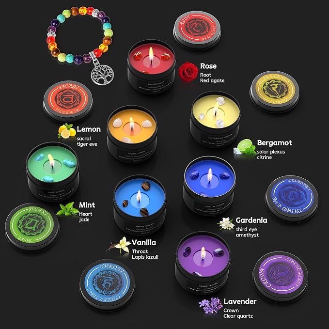 7 Chakra Crystal Candles with Healing Stones & Bracelets - Scented Meditation Candles for Stress Relief, Spiritual Decor, Yoga & Cleansing