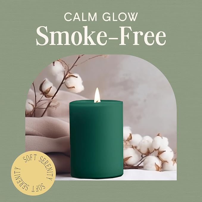 Mister Candle Dripless Unscented Green Pillar Candles, Set of 3 Hand Poured Solid Color Non-Scented Candles for Home Decor, Premium Wax, 60 Hr Burn Time - 3x4 Inch, Green