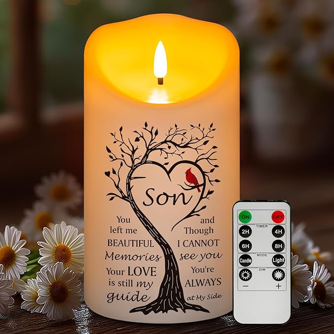 Flameless Memorial Candle for Loss of Son, Real Wax LED Light with Remote Sympathy Bereavement Gifts for Loss of Loved One Memorial Gifts for Loss of Son Remembrance Gifts (4" x 7")