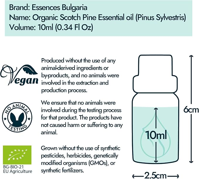 Organic Scotch Pine Essential Oil 1/3 Fl Oz (10ml) Pinus Sylvestris - 100% Pure Natural and Undiluted Therapeutic Grade for Aromatherapy Diffuser Humidifier Skin Care DIY Cosmetics