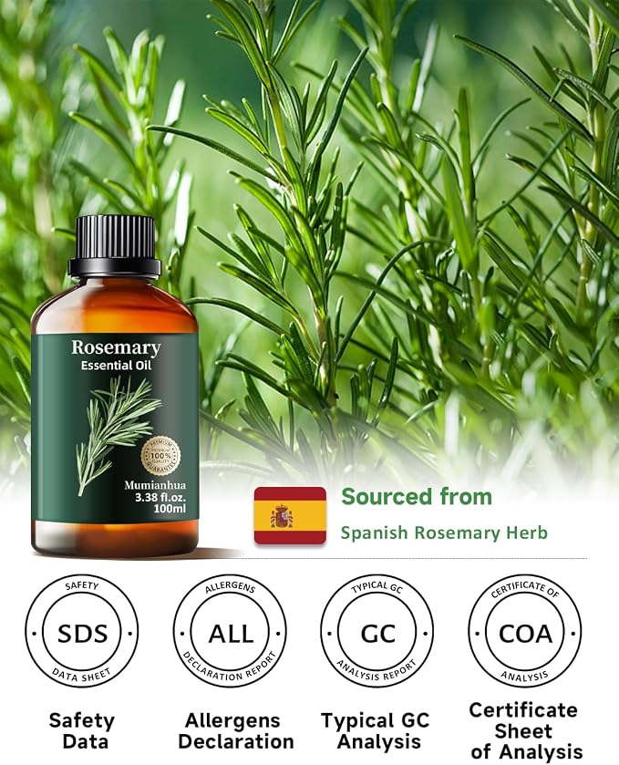 Rosemary Essential Oil, Mumianhua Pure Steam‑Distilled Oil for Scalp Revitalization & Hair Strength, Natural Focus for Diffuser, DIY Cleaning, Skin Care – 3.38 Fl Oz