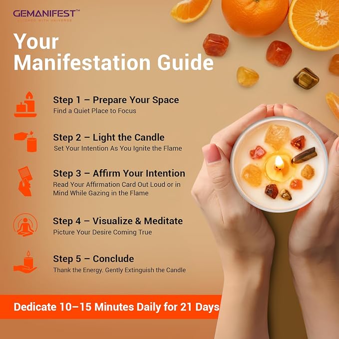 Success Manifestation Crystal Candle with Tigers Eye Bracelet for Career Business Exams Interviews Orange Scented Soy Wax for Motivation Gifts for Students Entrepreneurs and Goal Setters