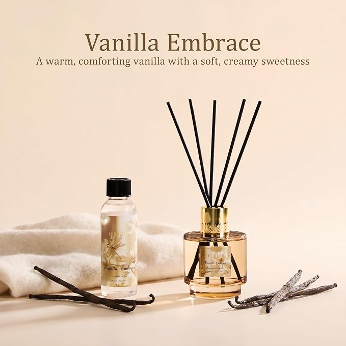 Airkeep Reed Diffuser Set with Refill & 8 Reed Sticks, 6.96 fl oz Vanilla Embrace Home Fragrance, Long Lasting Aromatherapy Diffuser for Bedroom, Bathroom & Living Room