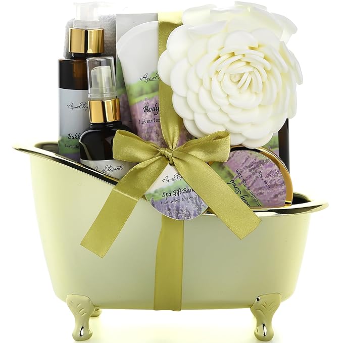 Aqua Elegante Spa Gift Basket - Luxury Bath Set with Body Wash, Bubble Bath, Lotion, Salts, Scrub, Spray, Shower Puff, Towel, Gifts for Women, Mom, Wife, Her - Lavender & Tea Tree Oil