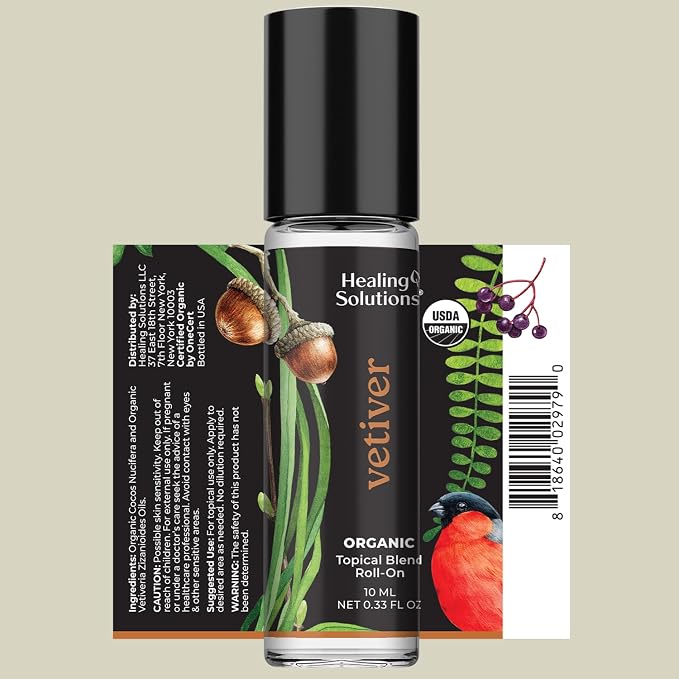 Healing Solutions (2 Pack) USDA Certified Organic Vetiver Essential Oil Roll-On for Skin Care - Essential Oil Roll On