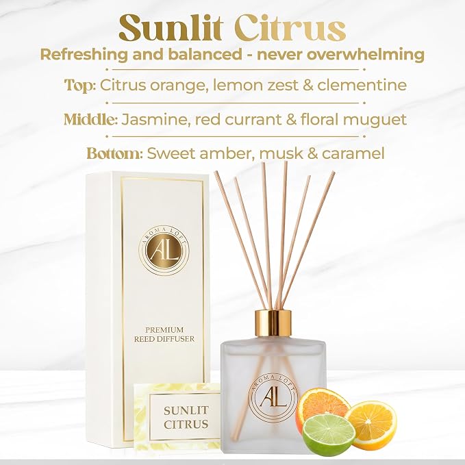 Frosted Reed Diffusers Sticks in Oil Set with Sunlit Citrus Scent | Long-Lasting Reed Diffusers for Home, Office, Bathroom, & Bedroom Decor Fragrance Diffuser | Frosted Diffuser | (5 oz)