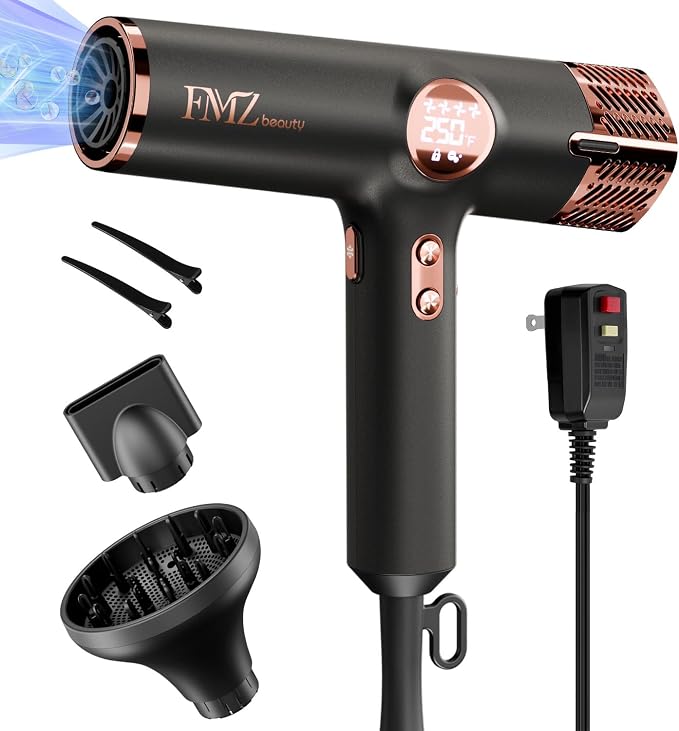 FMZ Professional Ionic Hair Blow Dryer Smart Display with Diffuser, 1875W High Speed Powerful BLDC Motor for Fast Drying, Mini Portable Lightweight Quiet, Curly Hairdryer for Men Women Salon Travel