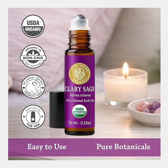 Silk Road Organic Clary Sage Essential Oil Roll On, 100% Pure USDA Certified Aromatherapy for PMS, Stress & Mental Clarity - 10 ml Roller - Always Pure, Always Organic