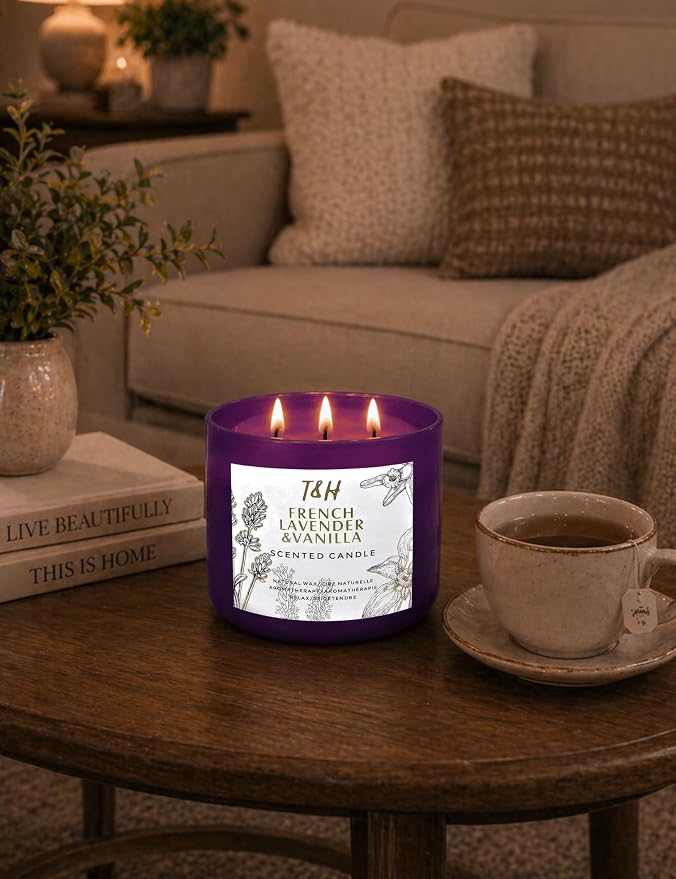 French Lavender Vanilla 3-Wick Scented Candle | 15.8 oz Large Soy Aromatherapy Candle for Home | Clean Burn Long Lasting | Relaxing Floral Vanilla Scent | Cozy Gifts for Women & Men