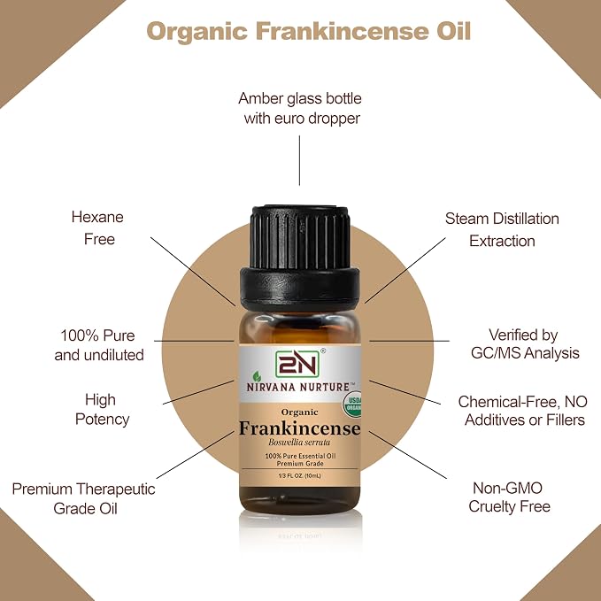 Frankincense Essential Oil, USDA Certified Organic, 100% Pure Undiluted, Aromatherapy Oil for Diffuser, Hair & Skin Care