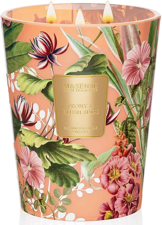 M&SENSE Peony Blush Suede Soy Candle, 35oz 3 Wick 150H Non Toxic Long Lasting, Summer Floral Bedroom Scent, Gift for Women