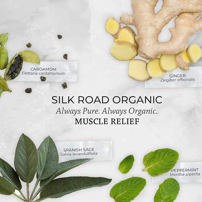 Silk Road Organic Muscle Relief Essential Oil Blend Roll On for Muscle Aches & Stiff Joints | USDA Certified Aromatherapy with Peppermint & Ginger - 10 ml Roller