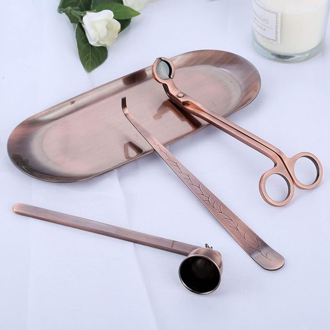 MUXSAM 4 in 1 Candle Accessory Set - Wick Trimmer, Snuffer, Dipper, Storage Tray - Gifts for Candle Lovers (Red Bronze)
