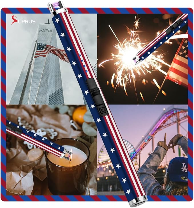 SUPRUS Electric Lighter Candle USB Type C Rechargeable with LED Battery Display and Safety Switch Windproof Souvenir for Independence Memorial and Veterans Day(American Flag)