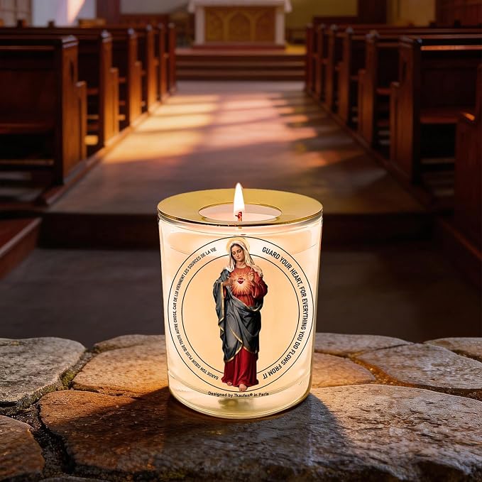Immaculate Heart of Mary Devotional Candle 50 Hours with Warmer Ring│Hand-Poured Soy Wax│Sinless, Pure, and All‑Loving Heart, Faith, Hope, and Charity, Mother of The Church│Design in Paris│3“×3.6”