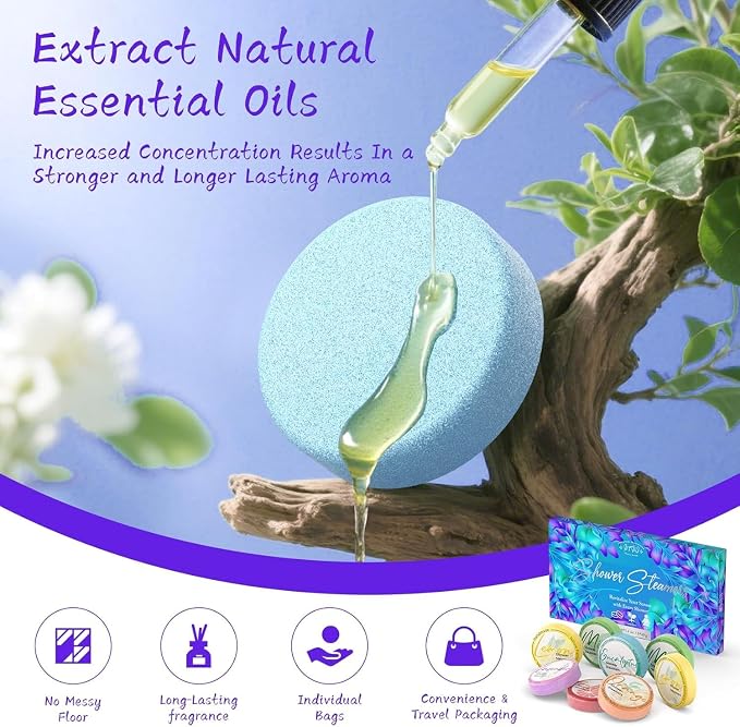 Shower Steamers Aromatherapy 8 Pack - Natural Essential Oil Shower Bombs for Self Care, Relaxation Birthday Gifts for Women and Men. Azure Floral Style