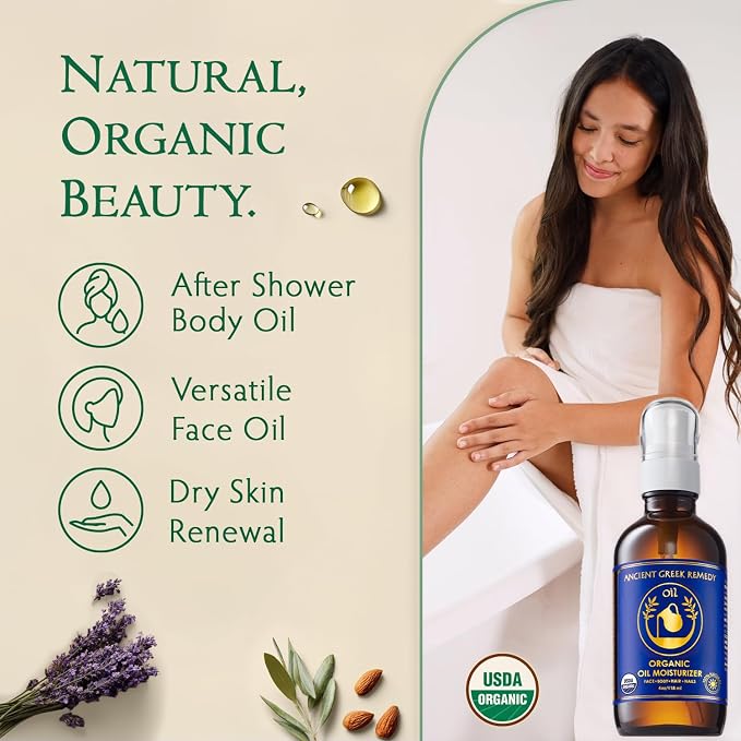 Ancient Greek Remedy Body Oil - Organic After Shower Face Oil & Body Moisturizer for Dry Skin - Almond, Jojoba, Olive, Lavender, Vitamin E Oils - Natural Clean Facial Skincare for Women & Men 4 oz