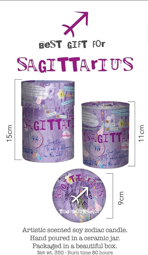 Sagittarius Zodiac Soy Candle – Scented Jasmine Candle in Reusable Ceramic Jar, 12.3 oz, 80-Hour Burn, Clean Burning, Astrology Gift for Sagittarius Birthdays & Special Occasions