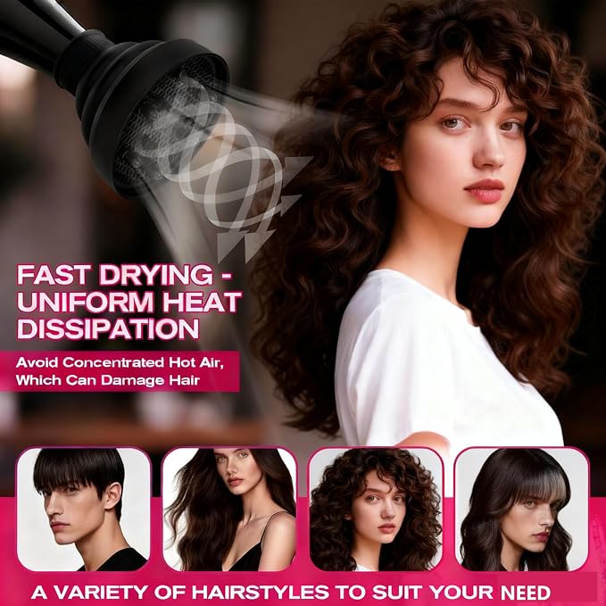Universal Silicone Hair Dryer Diffuser Attachment, Collapsible & Portable Blow Hair Diffuser for Curly/Wavy Hair Travel Use, Lightweight Folding Fits 1.57-1.99" Nozzles for Salon Home (Black)