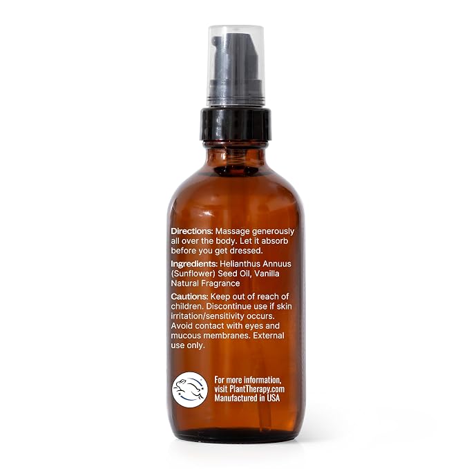Plant Therapy Vanilla Body Oil 4 oz Sweet & Soothing Vanilla Scent, Locks in Moisture for Supple, Radiant Looking Skin, Promotes Skin Elasticity