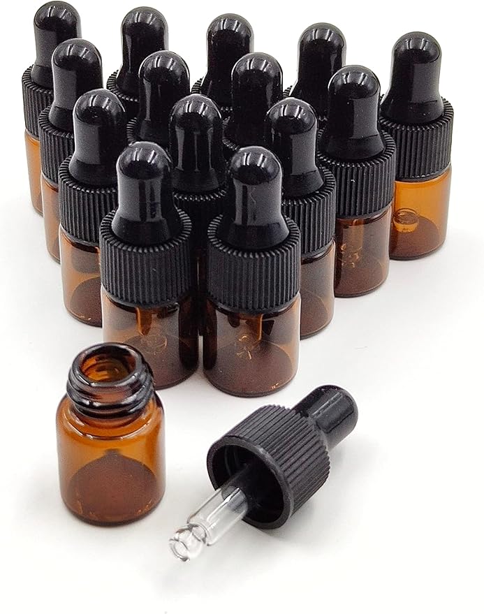 15Pcs 2ml Empty Tiny Amber Glass Mini Dropper Bottles for Essential Oils, Fragrances, and Other Liquids, with Dropper and Black Caps Travel Sample Vials