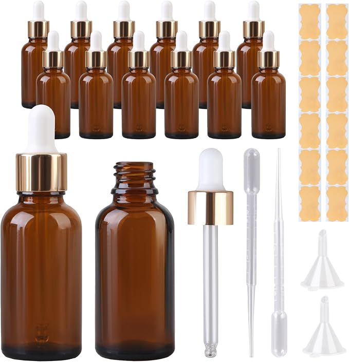 Amber Glass Dropper Bottles, 1 oz, 12 Pack with Glass Eye Droppers, Leak-Proof Travel Dispensers for Essential Oils, Tinctures, Lab Chemicals, Includes Funnels, Labels