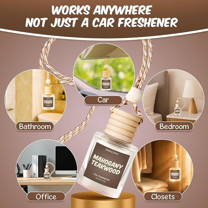 Premium Car Air Freshener Diffuser Set (2 Pack) - Mahogany Teakwood Fragrance Oil, 45+ Day Long-Lasting Hanging Auto Freshener