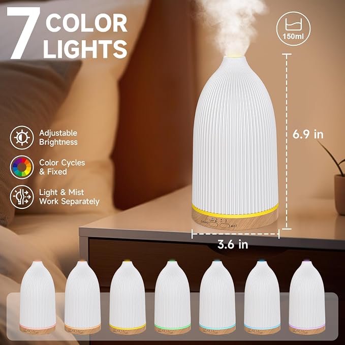 URPOWER 150ML Essential Oil Diffuser, Compact Ultrasonic Aroma Diffuser with Soft 7-Color Light, Timer and Auto-Off Protection, Small Scent Diffuser for Bedroom, Desk, Office, Yoga