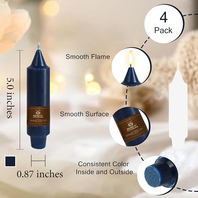 Short Chunky Navy Blue Taper Candles 5 Inch Hand Poured Smokeless Unscented Thick Taper Candles for Wedding Nautical Housewarming Gift New Home Decor Christmas Cozy Hygge