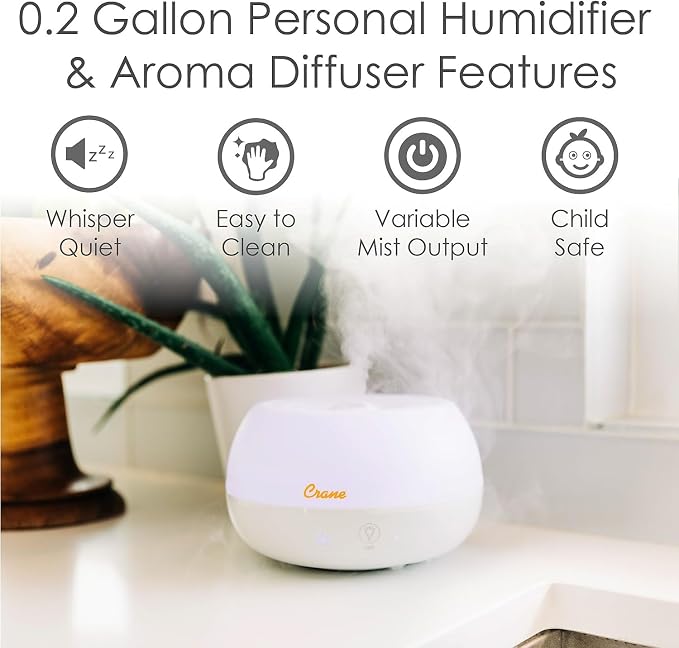 Crane Portable Ultrasonic Travel Humidifier & Aroma Diffuser – 0.2 Gallon Cool Mist, No Filter Required, Optional Essential Oil Tray, Whisper-Quiet for Babies, Travel, & Small Rooms (White)