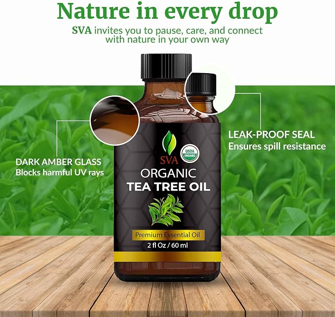SVA Tea Tree Essential Oil Organic – 2 Fl Oz – 100% Natural Organic Tea Tree Oil - for Diffuser, Hair, Face, Skin Care, Aromatherapy, Scalp and Body Massage, Soap and Candle Making - with Dropper
