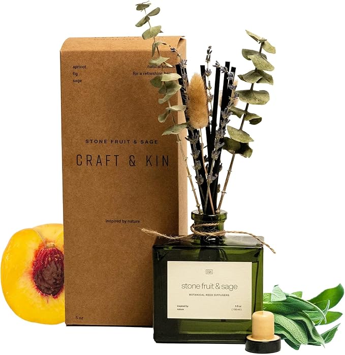 Craft & Kin Reed Diffuser with Dried Flowers | 5 oz Stone Fruit & Sage Scented Holiday Reed Diffusers for Home, Bathroom | Scent Sticks | Elegant Fragrance Home Decor for Men & Women