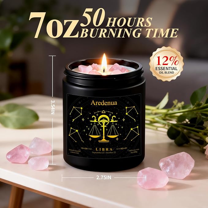 Libra Birthday Gifts Candle for Women | Zodiac Scented Candle with Rose Quartz Crystals - Warm & Cozy Scented Natural Soy Candle 7oz 50-Hour Burn, Healing Aromatherapy Candle for Relaxation Meditation